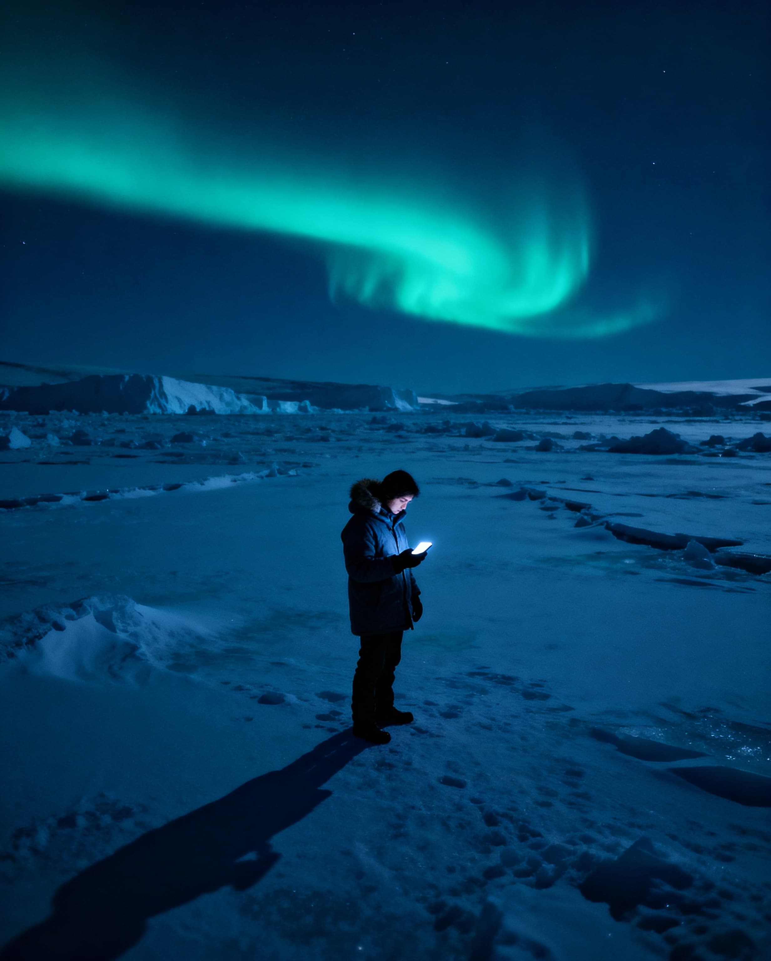 Person using phone in Antarctic under aurora