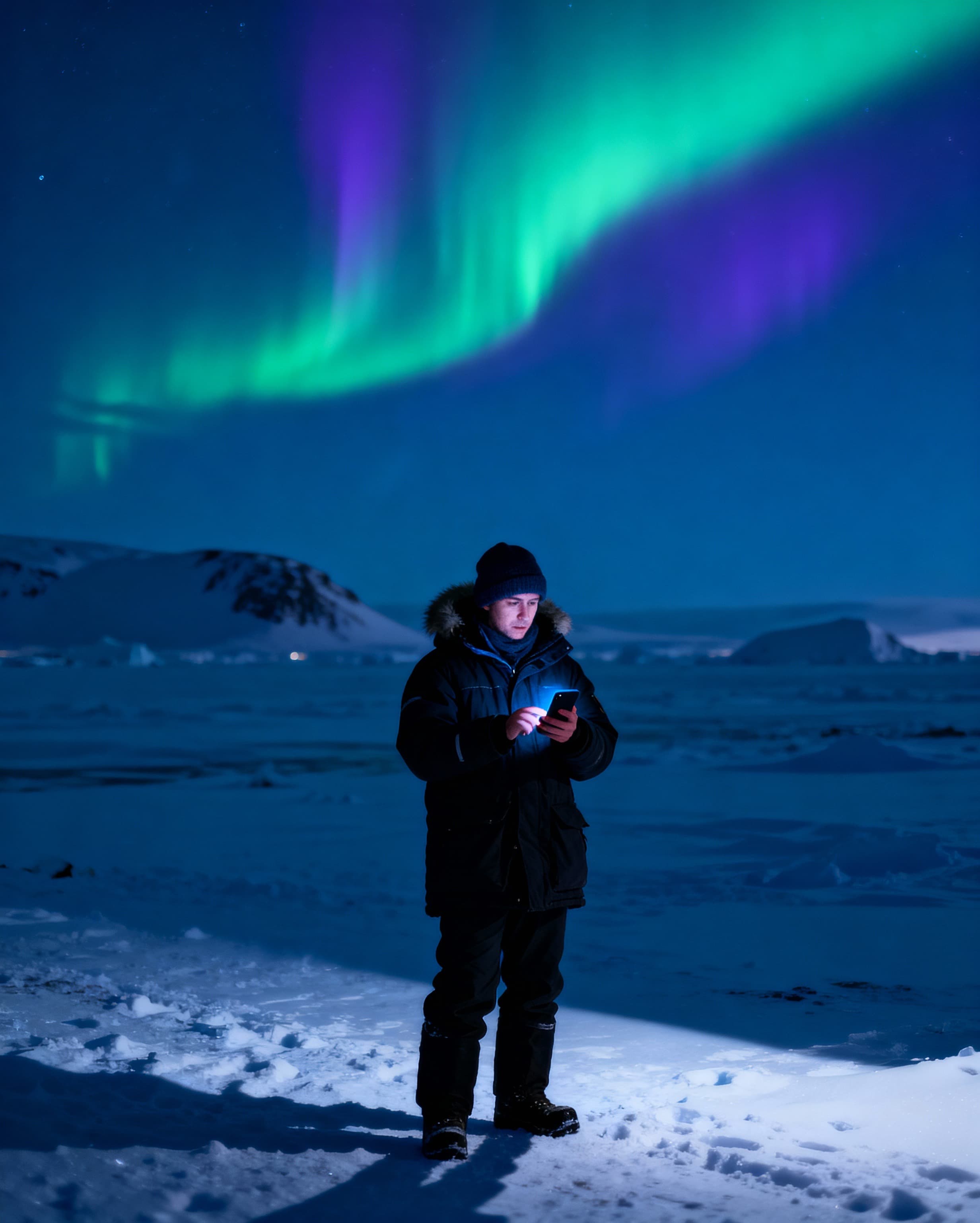 Person using phone in Arctic under northern lights