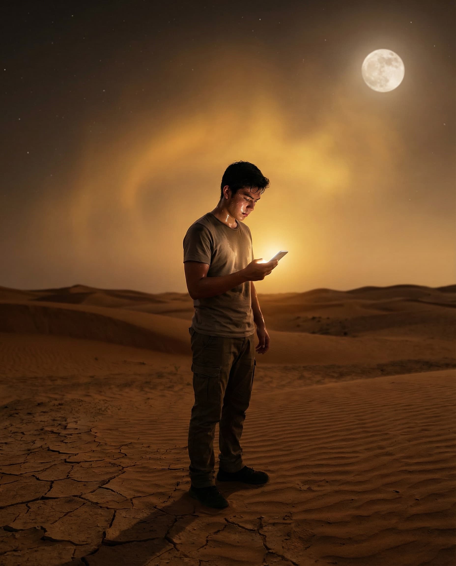 Person using phone in desert under moonlight